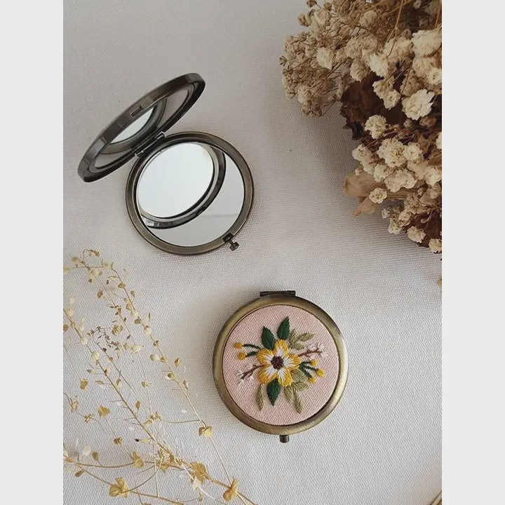 Embroidered Compact Mirror - Yellow Flower