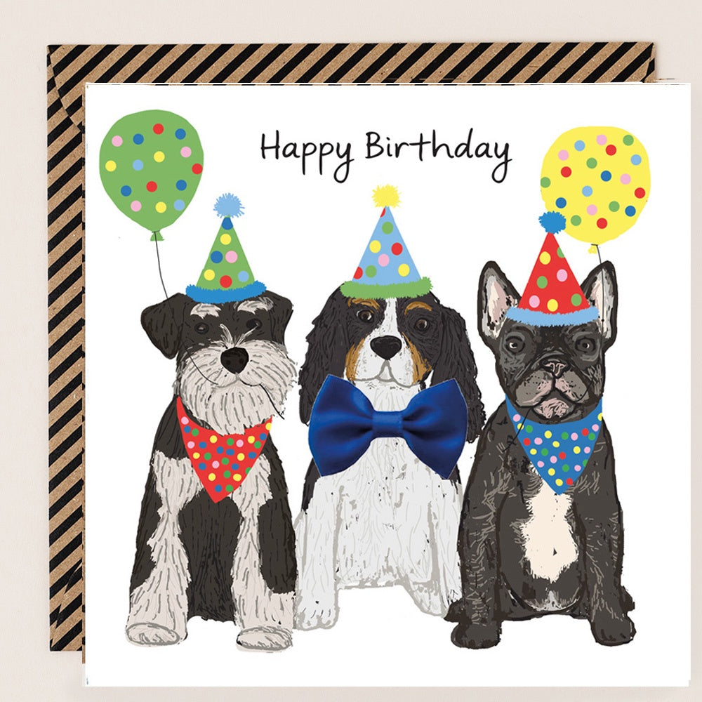 Birthday Schnauzer, Staffie & King Charles with Bow Card
