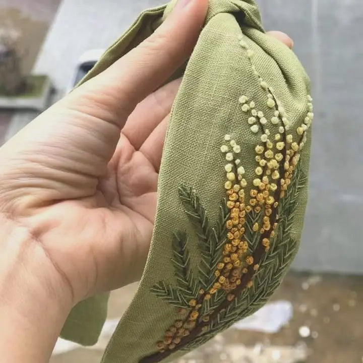Embroidered Linen Turban Knot Headband - Apricot Branch