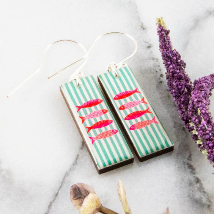 Rectangle Drop Earrings - Seafoam Stripe Fish