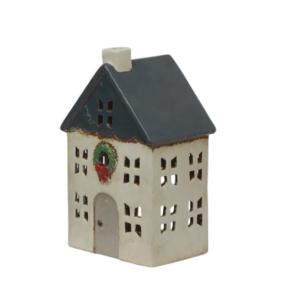 Christmas Tea Light House Blue with Wreath Small