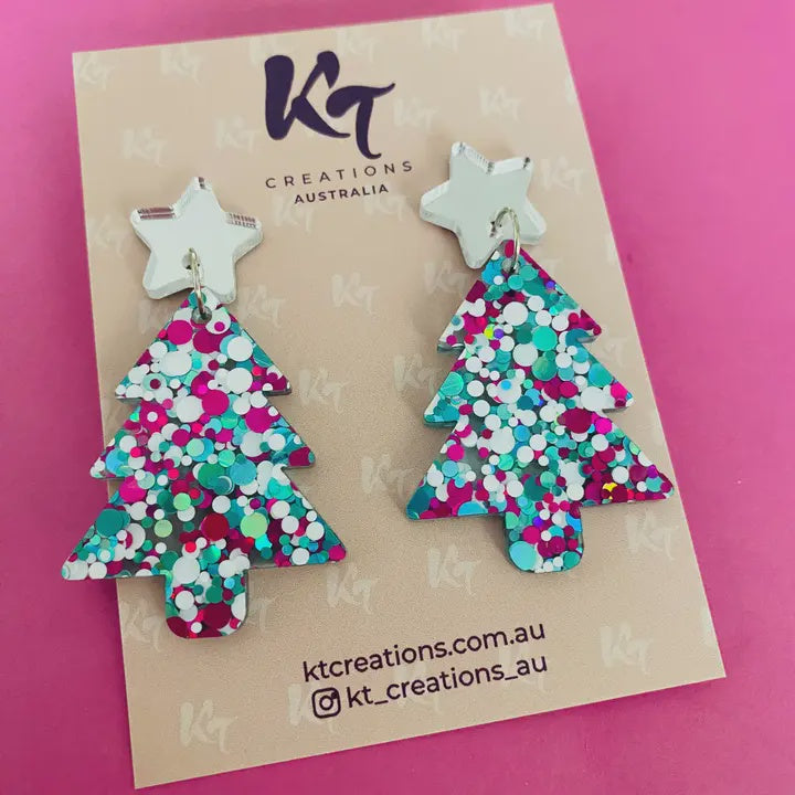 Snowy Sparkly Glitter Christmas Tree  Acrylic Earrings