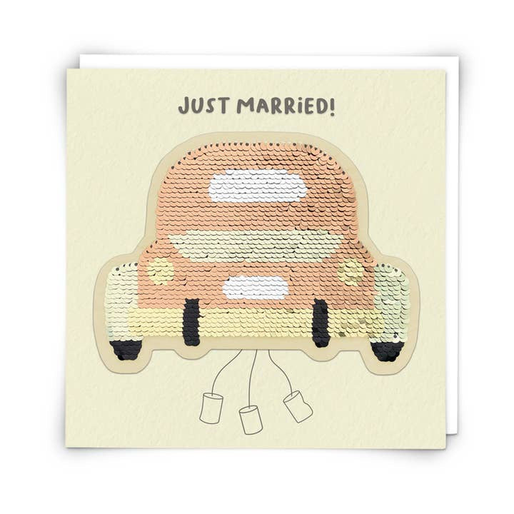 Reusable Sequin Patch Card - Just Married Wedding Car