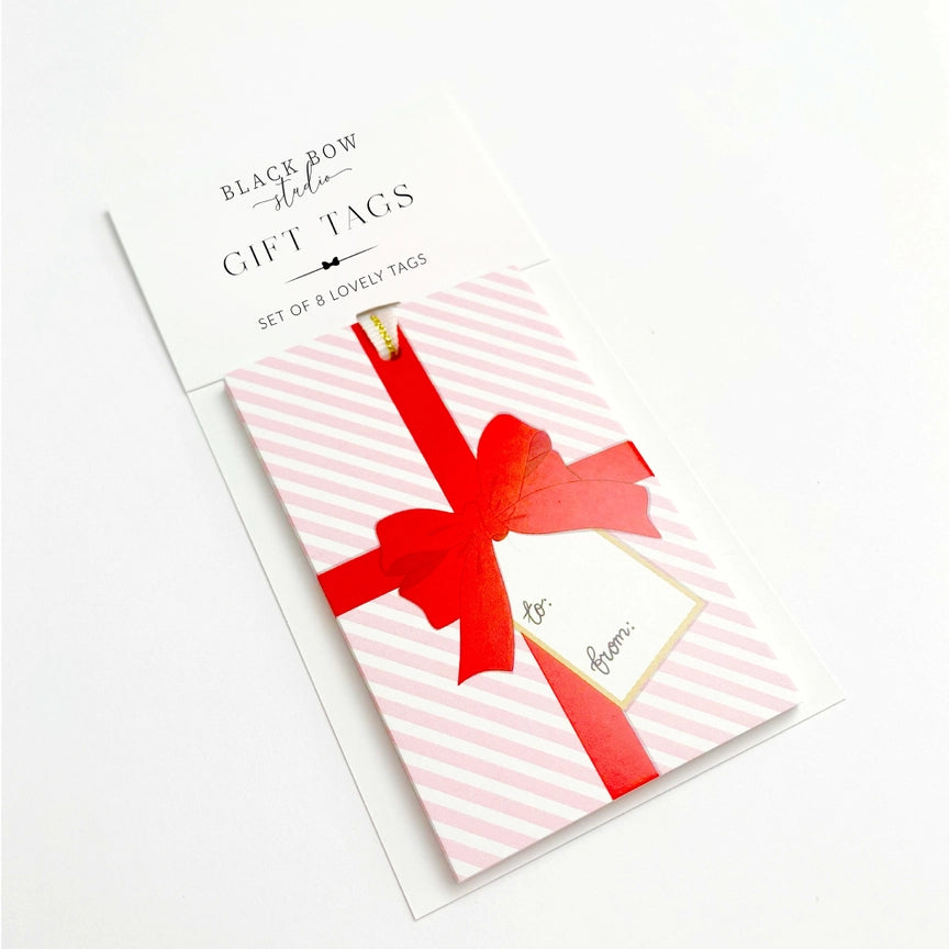 Pink Stripe Red Bow Gift Tags - Set of 8