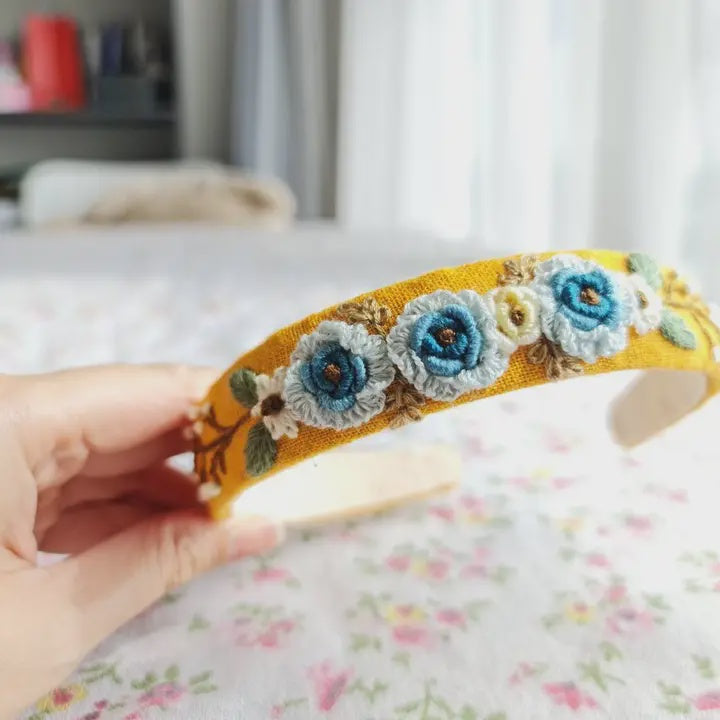 Embroidered Linen Headband - Blue Roses
