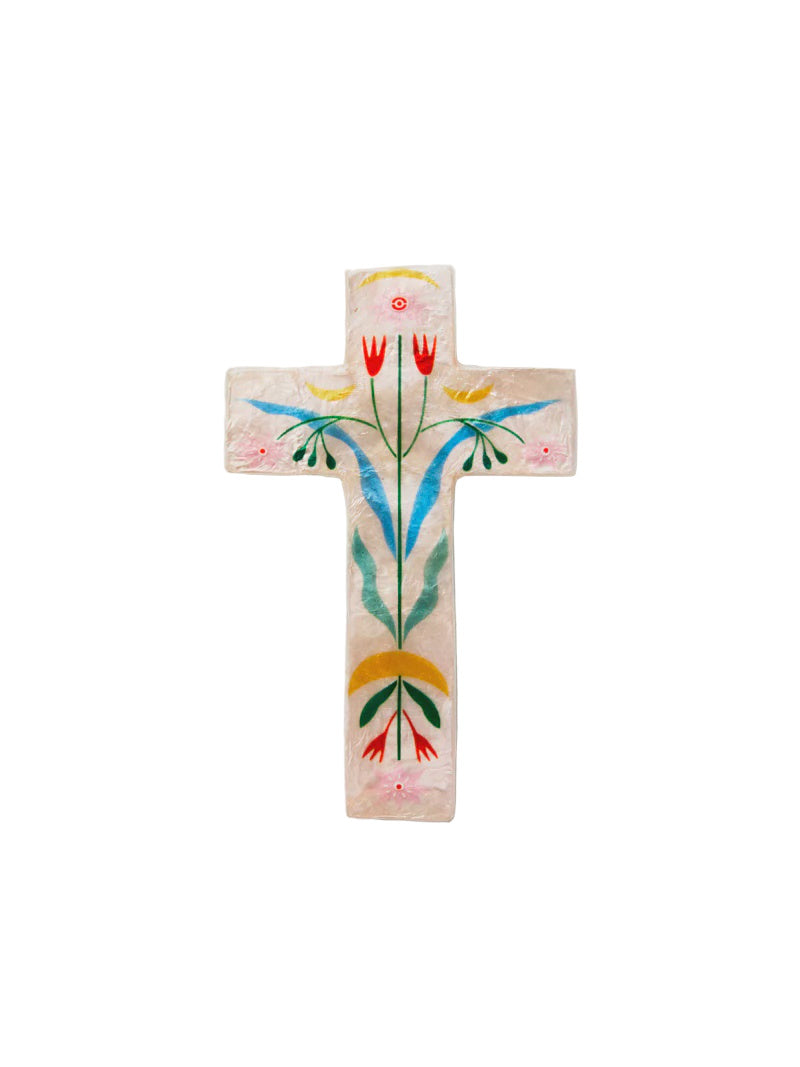 Capiz Shell Art Tile - Fable - Pink Floral Cross
