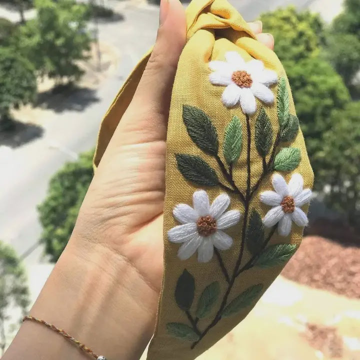 Embroidered Linen Turban Knot Headband - Daisy Garden Yellow
