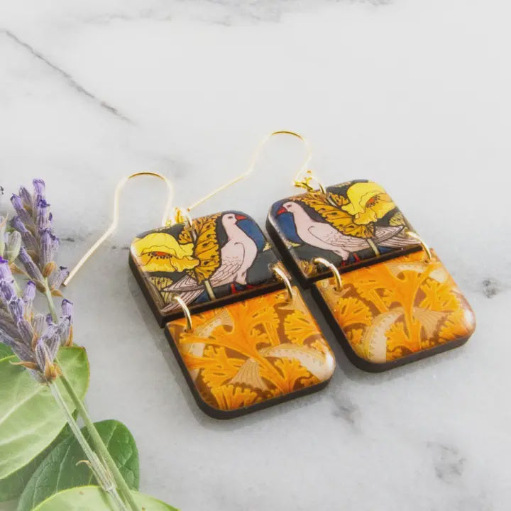 Half Rectangle Stack Drop Earrings - Art Nouveau Birds