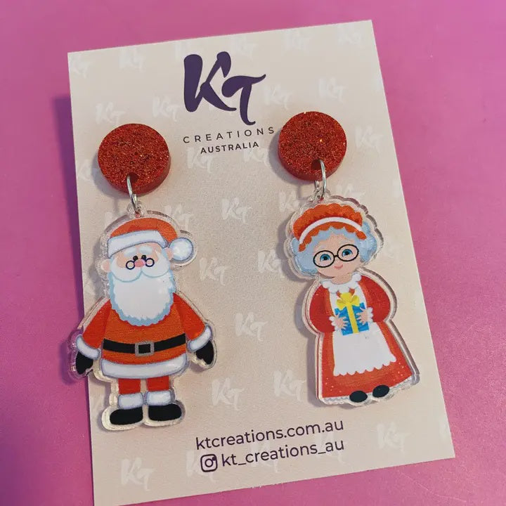 Santa & Mrs Claus Christmas Dangle Acrylic Earrings