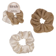 Metallic Mesh and Recycled Fabric Satin Scrunchies 2pc Set - Cream & Gold