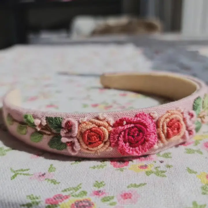 Embroidered Linen Headband - Fuchsia & Purple