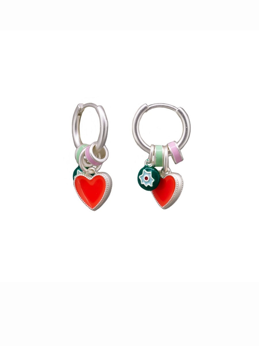 Heart &  Flower Charms Huggie Earrings - Matt Silver