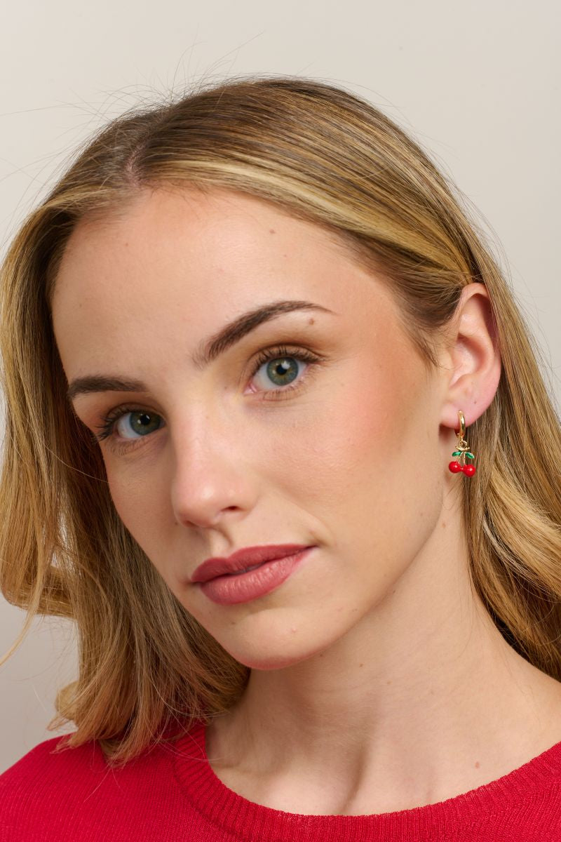 Red Cherry Mini Huggie Earrings - Gold