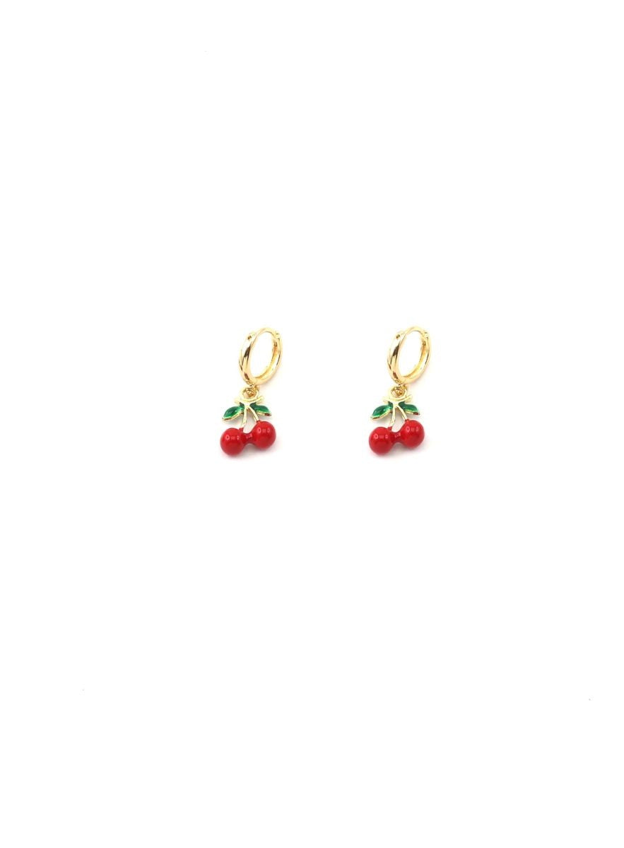 Red Cherry Mini Huggie Earrings - Gold