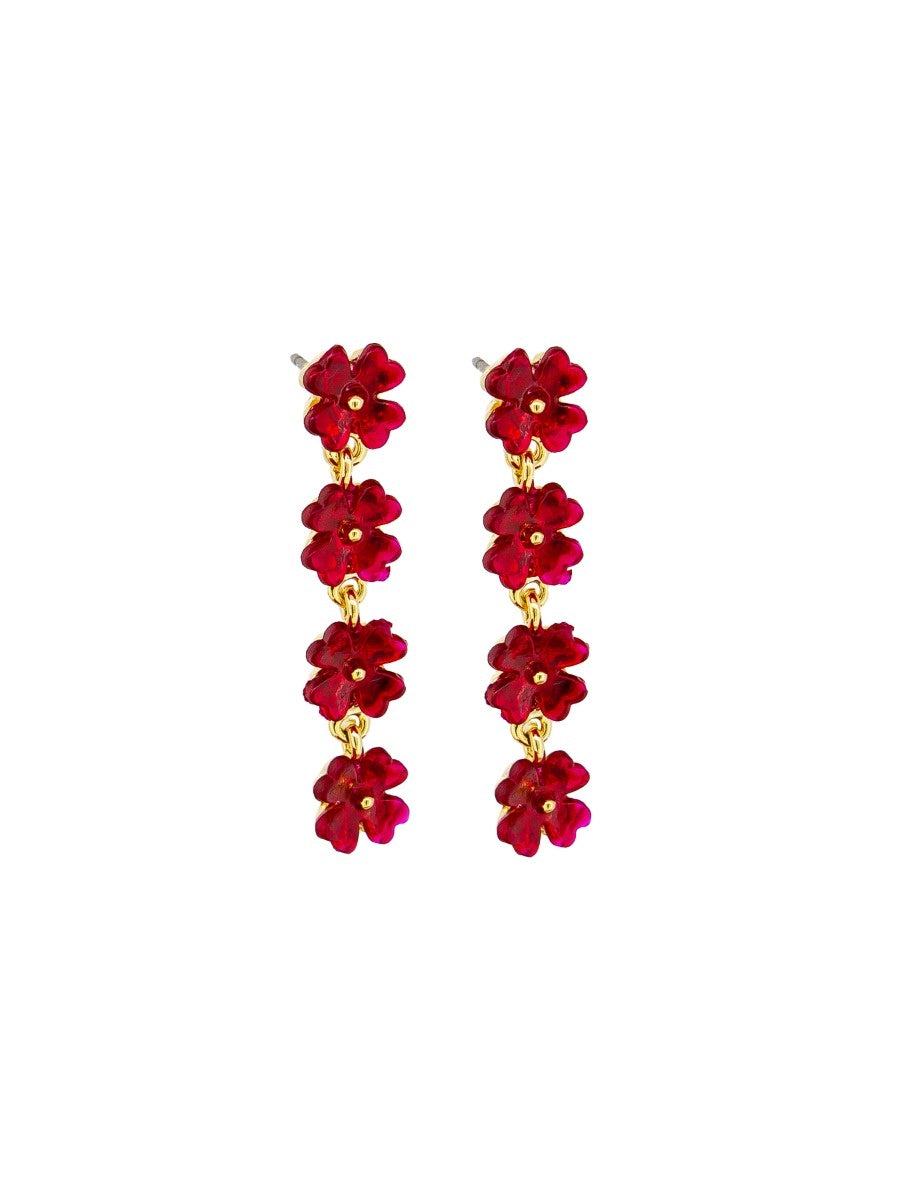 Festive Flowers Drop Stud Earrings, Red - Gold