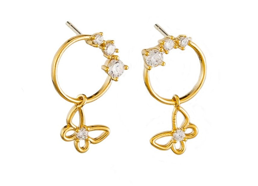 Butterfly on Ring Crystal Drop Stud Earrings - Gold
