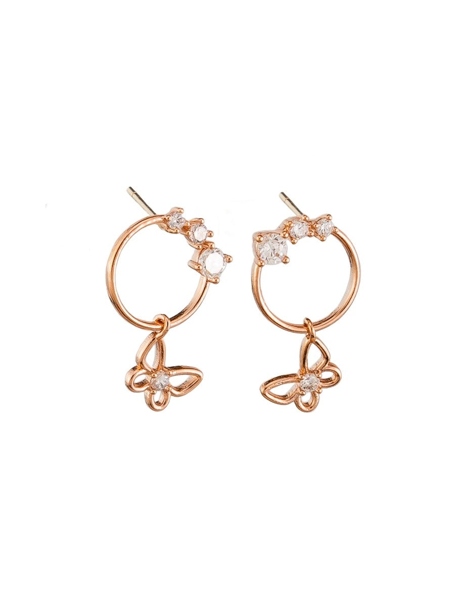 Crystal Butterfly on Ring Drop Stud Earrings - Rose Gold