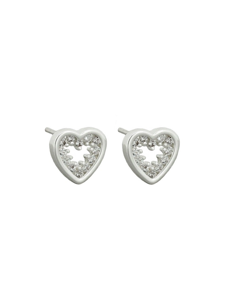 Crystal Heart Stud Earrings - Silver
