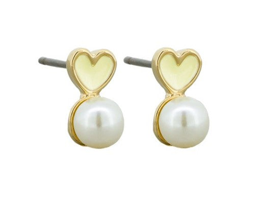 Enamel Heart & Pearl Stud Earrings, Lemon - Gold