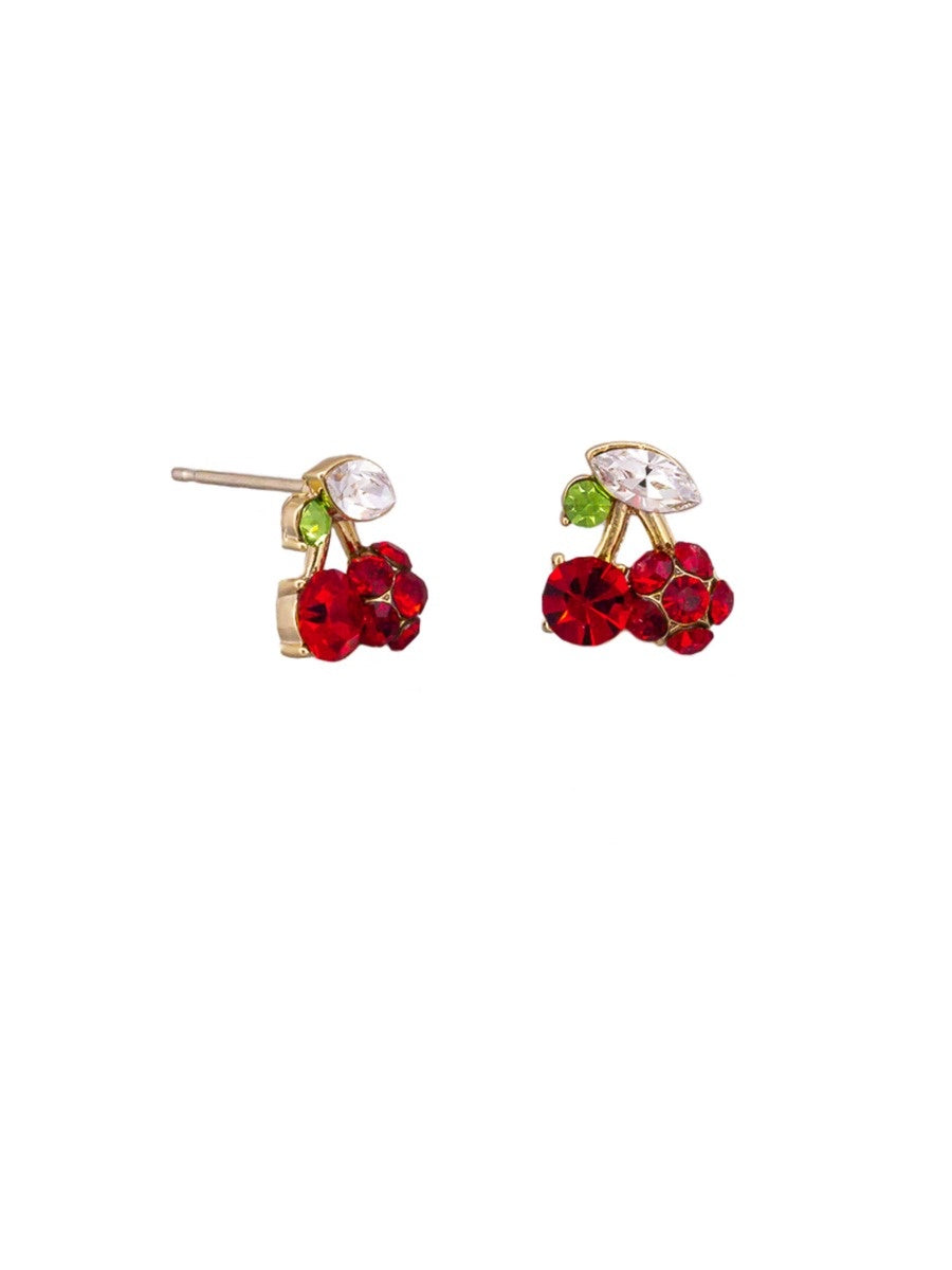 Crystal Cherry Stud Earrings - Gold