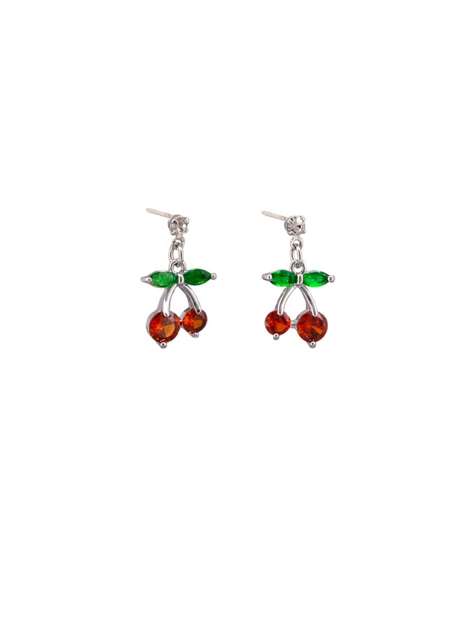 Hanging Cherry Stud Earrings - Silver