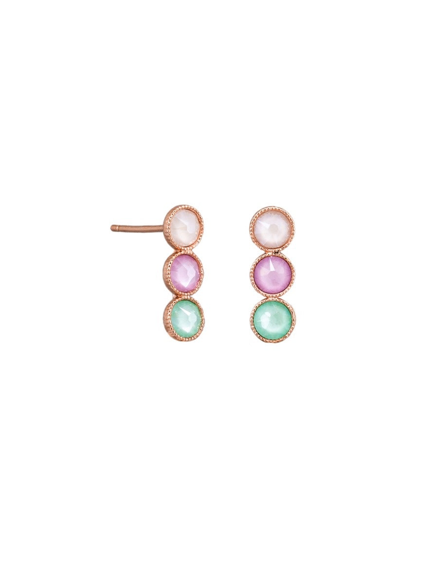 Long Trio Stud Earrings, Coloured Crystal - Rose Gold