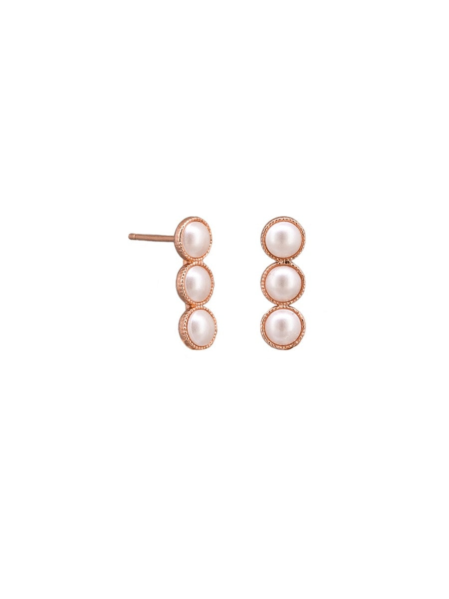 Long Trio Stud Earrings, Pearl - Rose Gold