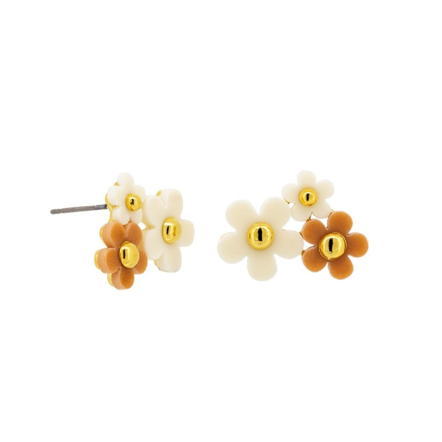 Large Daisy Trio Stud Earrings, Latte & White - Gold