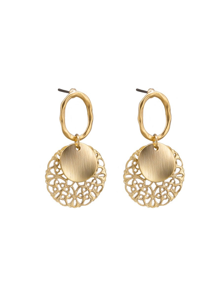 Filigree & Disc Drop Stud Earrings - Gold