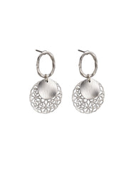 Filigree & Disc Drop Stud Earrings - Silver