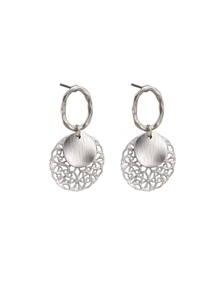 Filigree & Disc Drop Stud Earrings - Silver