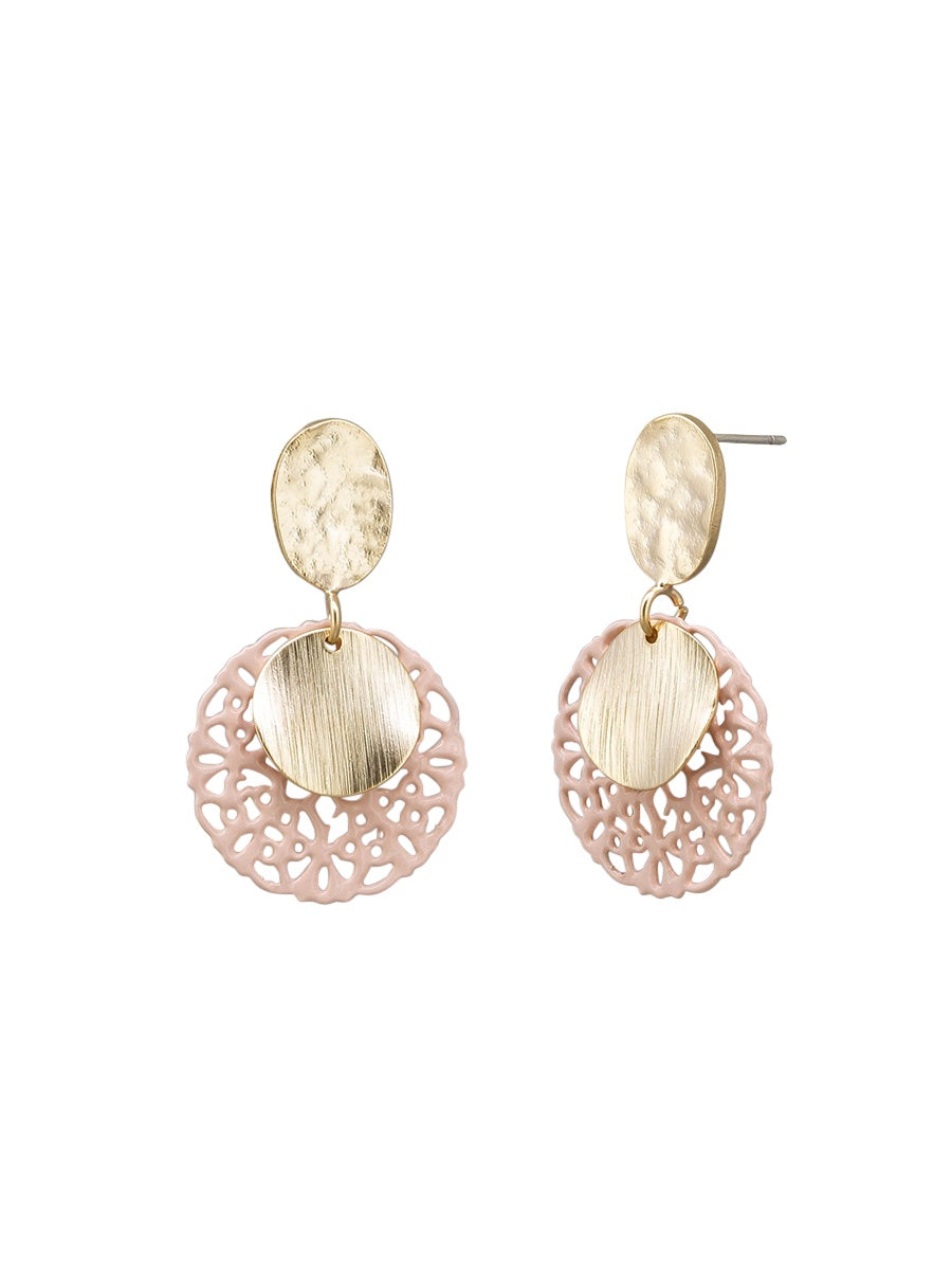 Filigree Disc Trio Drop Stud Earrings, Pink - Gold