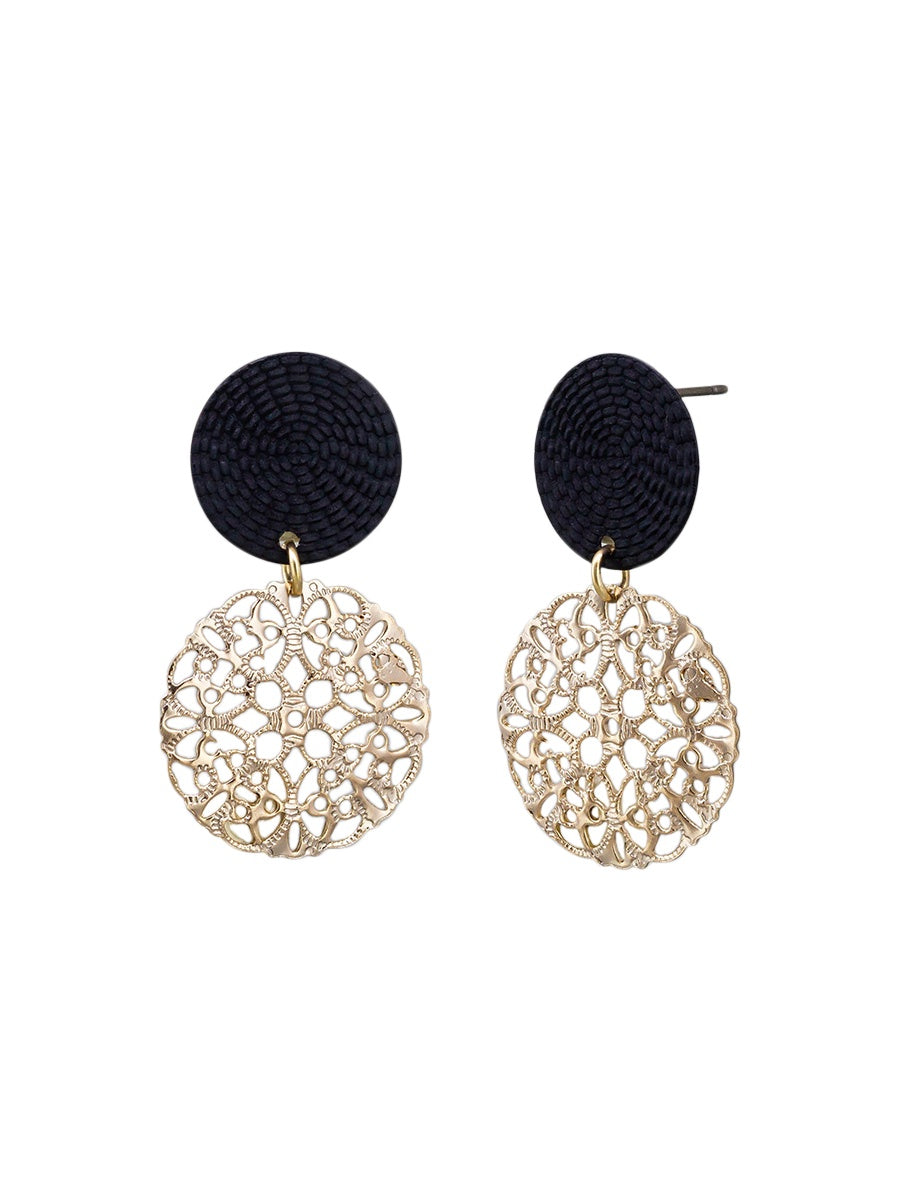 Filigree Disc Drop Stud Earrings, Black - Gold