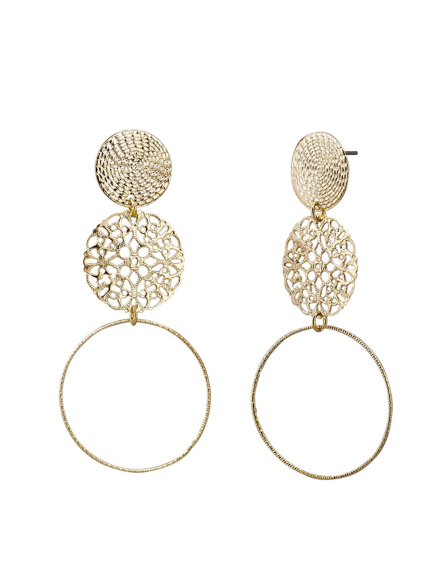 Tri Disk Filigree Drop Stud Earrings - Gold