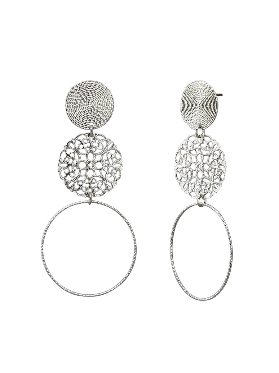 Tri Disk Filigree Drop Stud Earrings - Silver