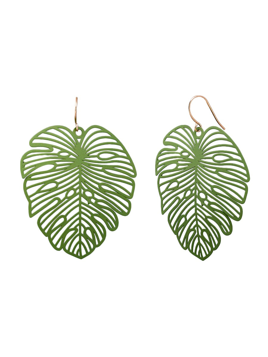 Monstera Large Drop Earrings, Green - Gold