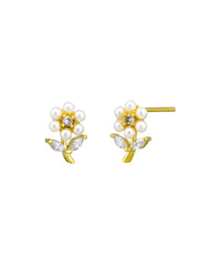 Pearl Flower Stud Earrings - Gold