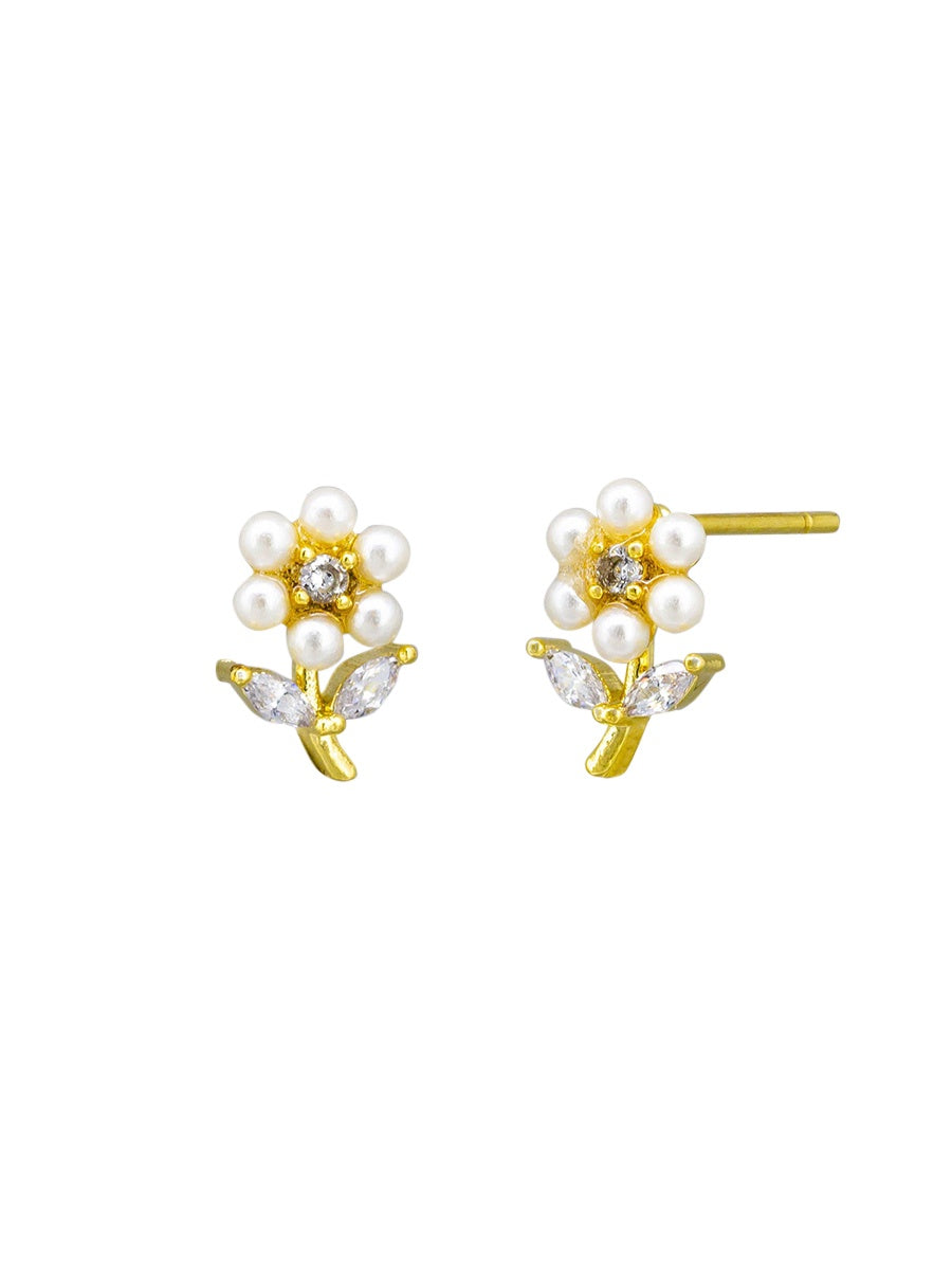 Pearl Flower Stud Earrings - Gold