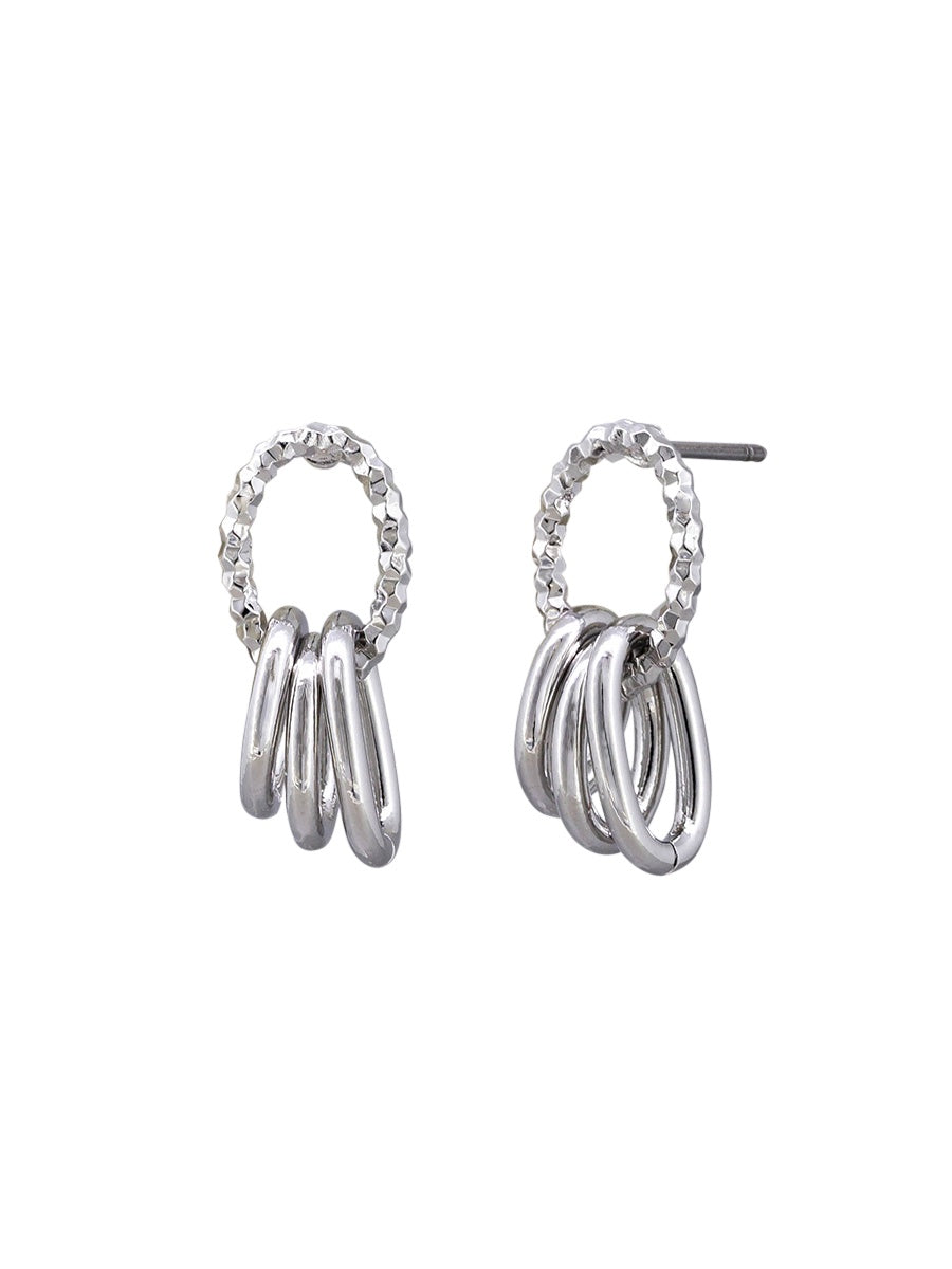 Mini Trio Rings Drop Stud Earrings - Silver