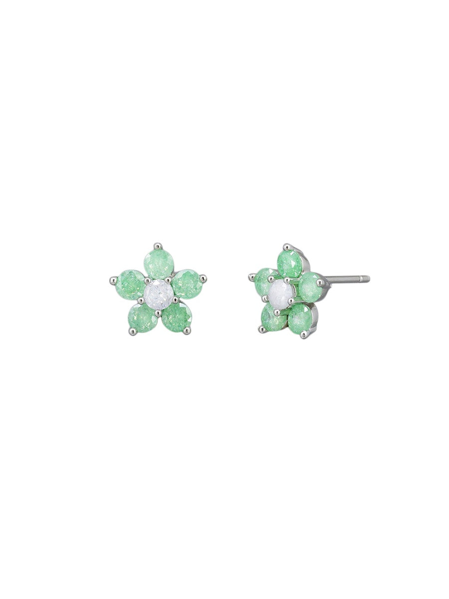 Crystal Flower Stud Earrings, Green - Silver