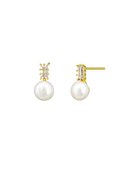 Pearl and Baguette Crystal Stud Earrings - Gold