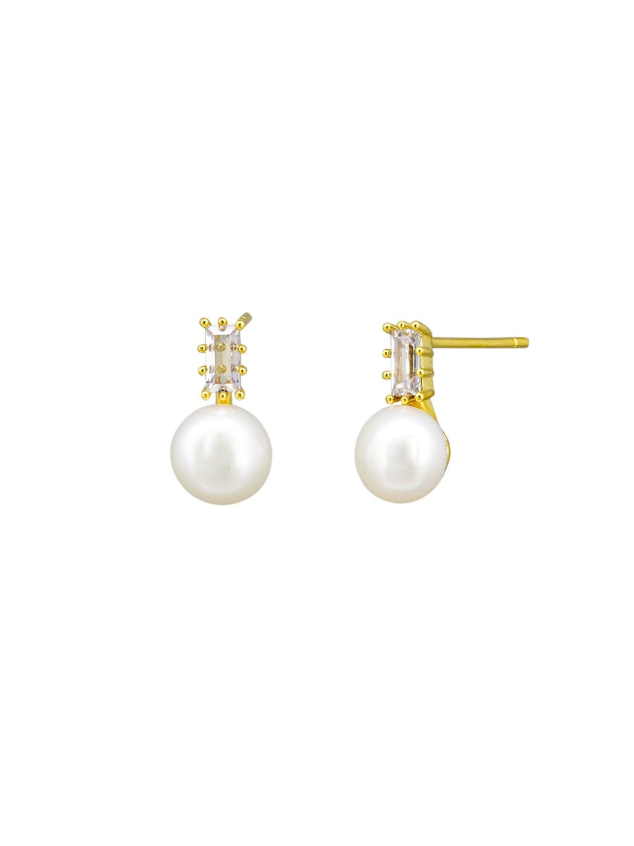 Pearl and Baguette Crystal Stud Earrings - Gold