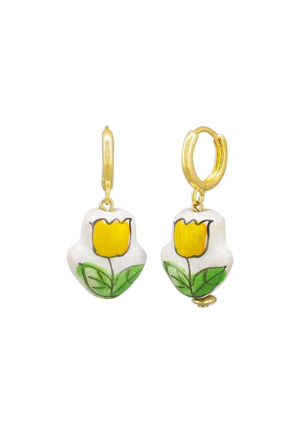 Ceramic Flower Huggie Earrings - Lemon