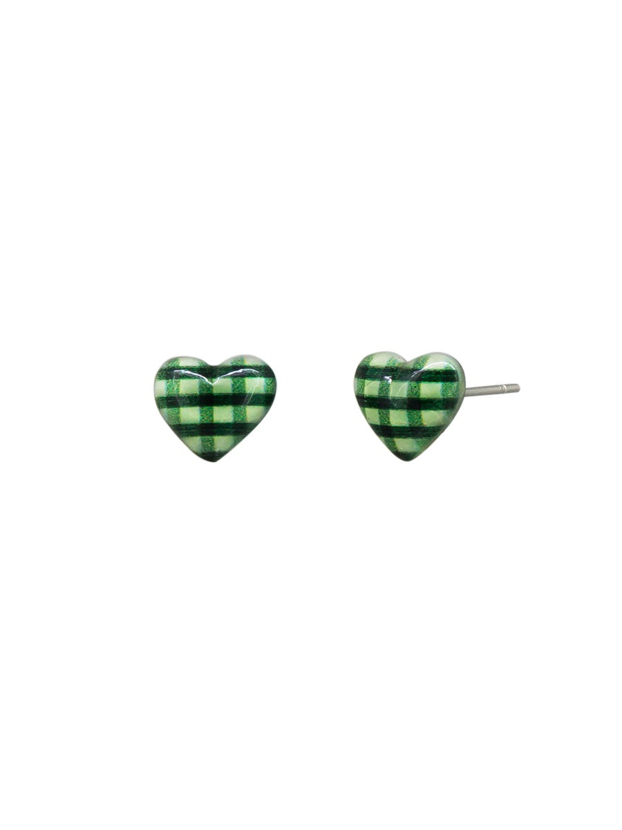 Gingham Heart Studs - Green