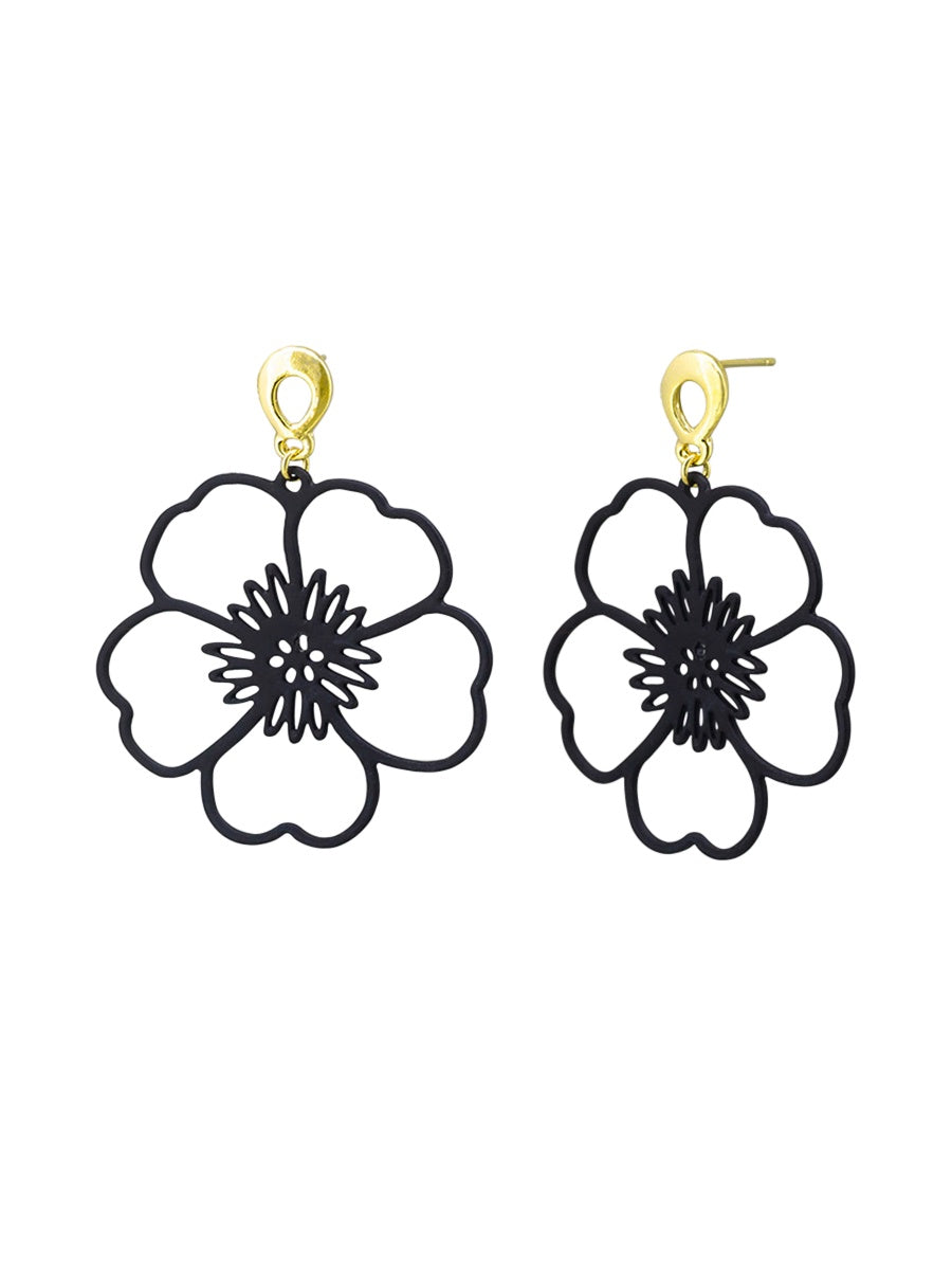 Large Hanging Pansy Earrings - Black