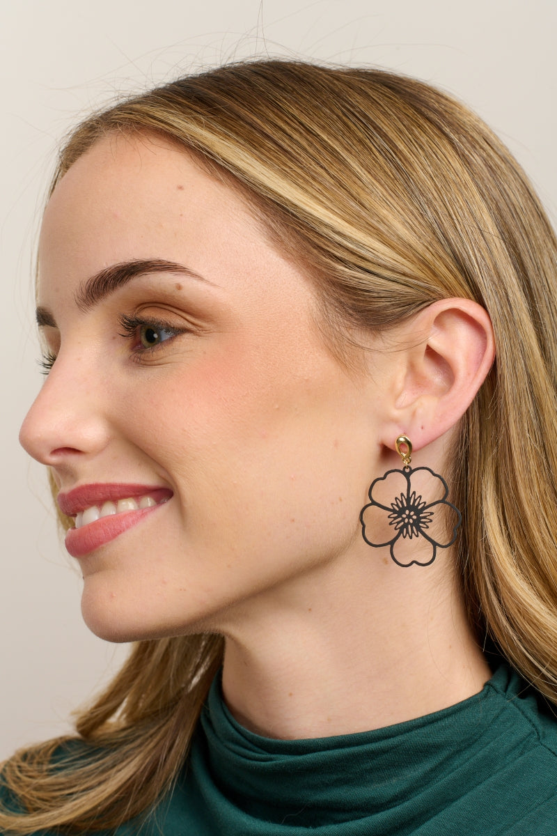 Large Hanging Pansy Earrings - Black