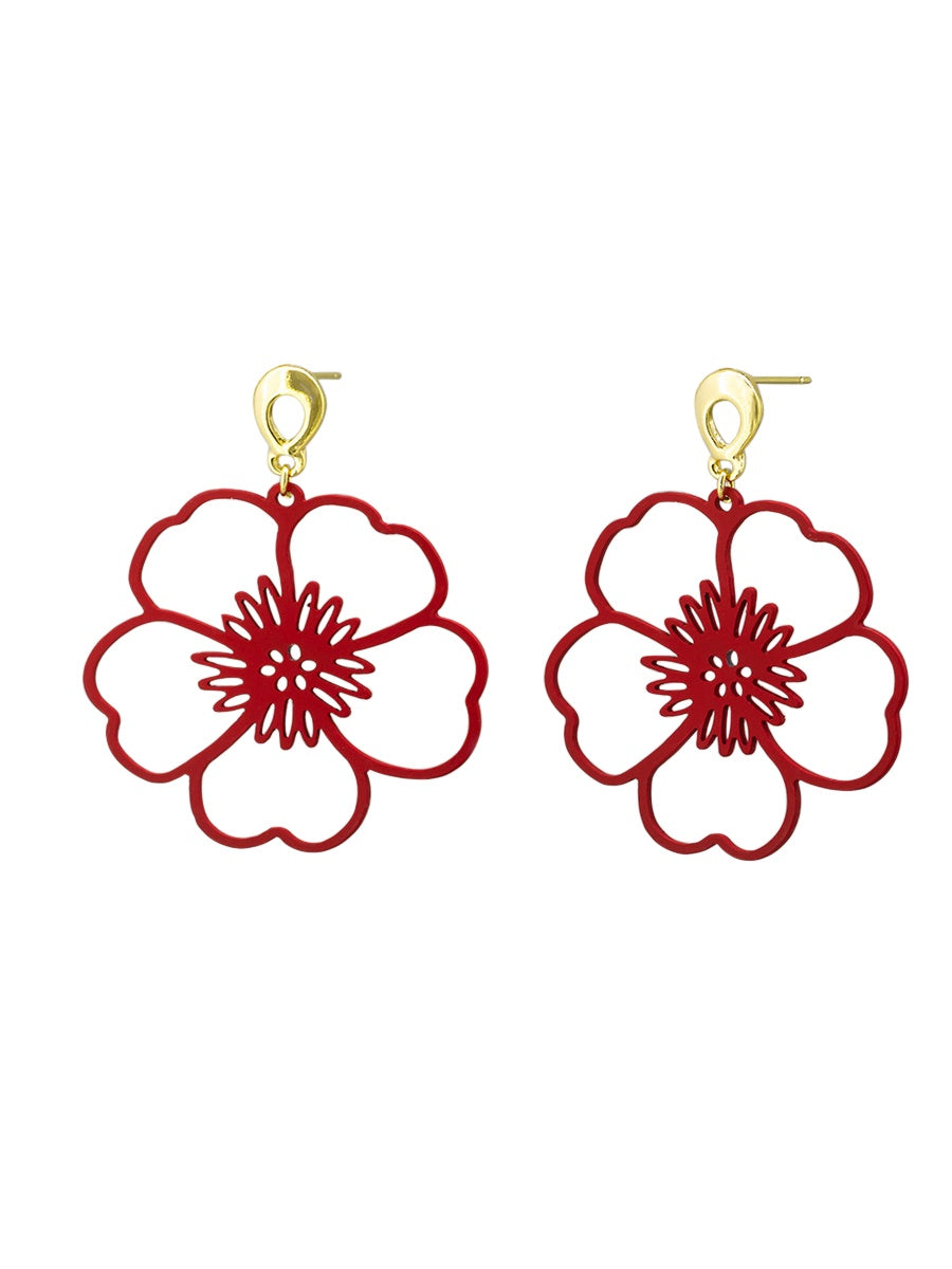 Large Hanging Pansy Earrings - Maroon