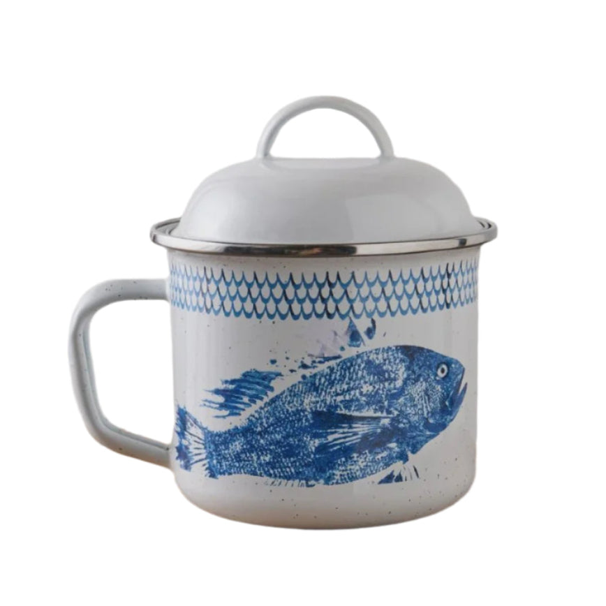 Enamel Soup Mug with Lid - Blue Fish