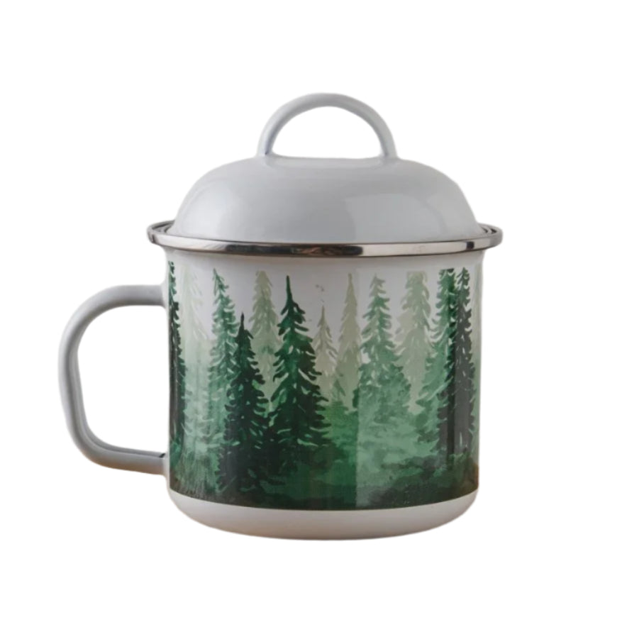 Enamel Soup Mug with Lid - Mountain Pines