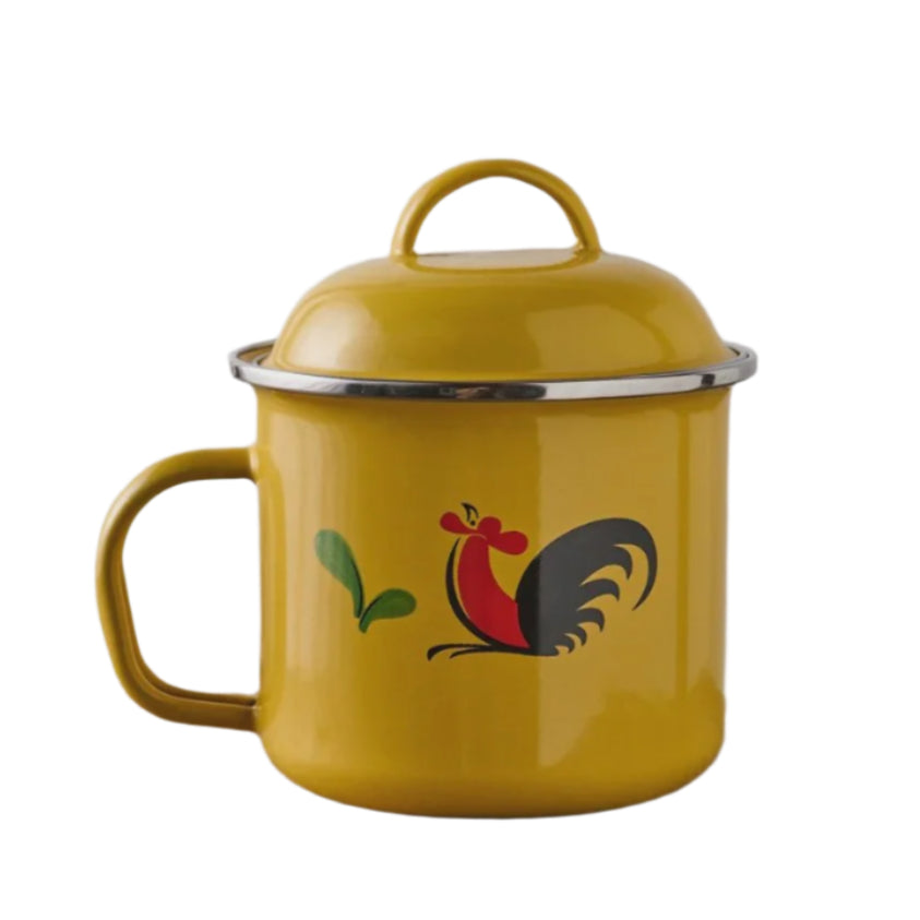 Enamel Soup Mug with Lid - Rooster Yellow